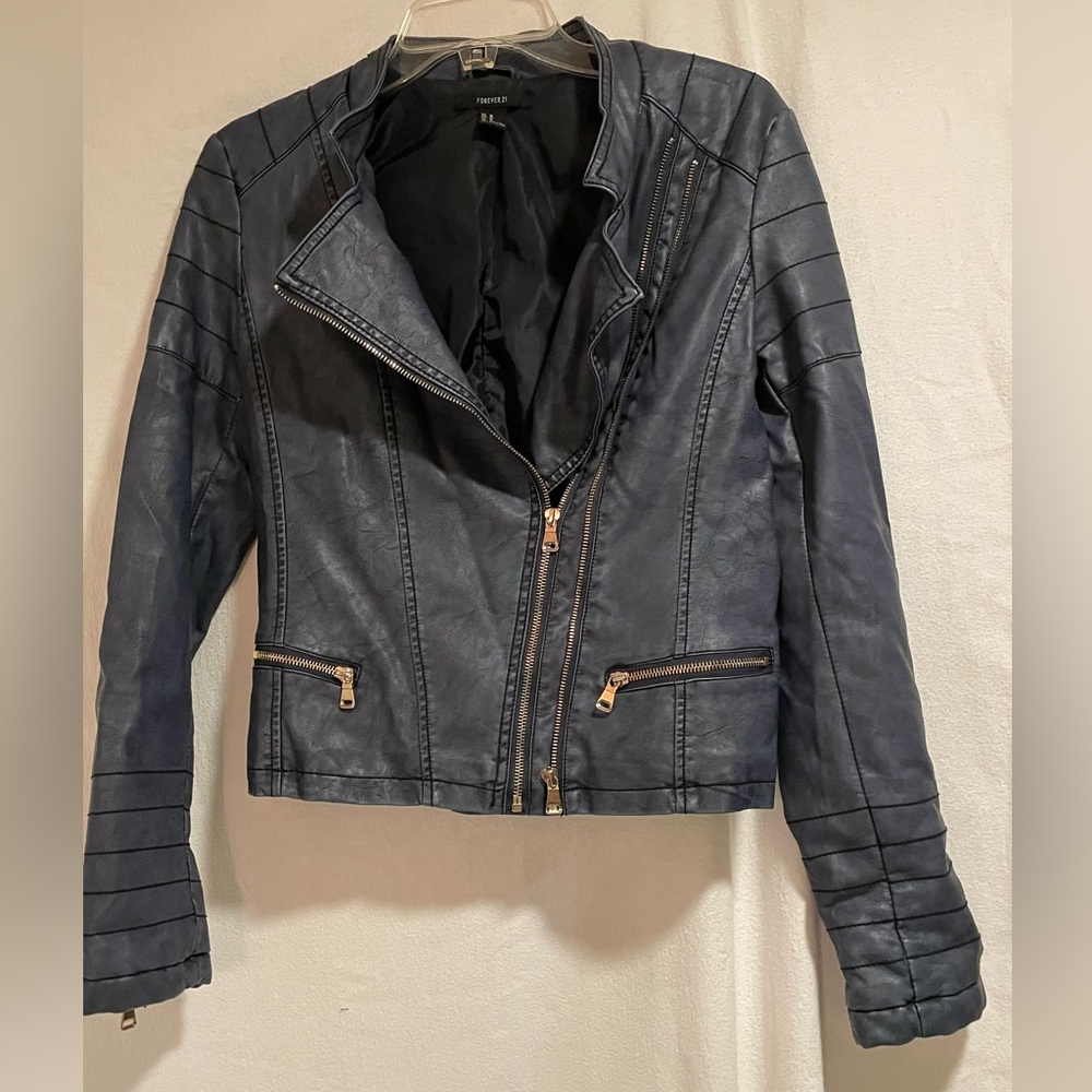 Forever 21 Distressed Navy Faux Leather Moto Jacket with Gold Zippers